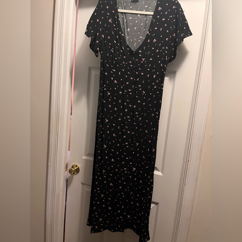 Cotton On Button Front Black and Pink Floral Maxi Dress